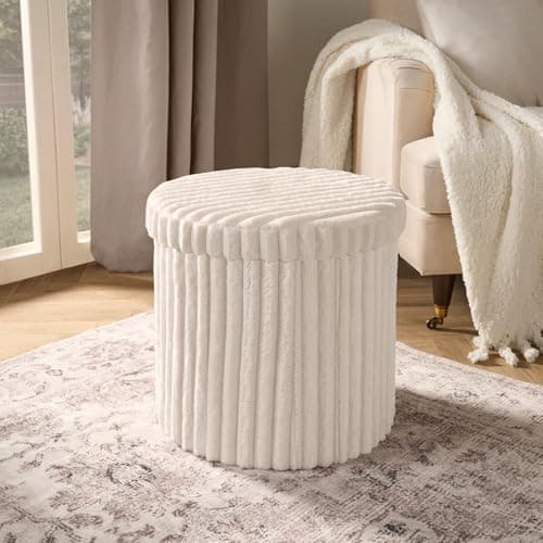 Image of OHS Round Storage Ottoman Box, Decorative Cream Ribbed Ottoman with Lid Space Saving Organising Box for Livingroom Bedroom Footrest with Hidden Storage