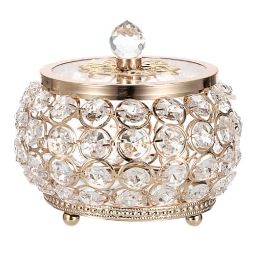 Image of TOLIDA Large Crystal Glass Jewelry Box - Drum-shaped Trinket Storage Organizer Gift Case with Lid, Keepsake Jar For Earrings Rings Jewelry Treasure Trinkets (Gold)