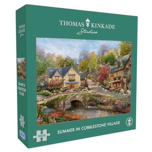 Image of Gibsons Summer in Cobblestone Village 1000 Piece Jigsaw Puzzle – Beautiful Countryside Traditional Artwork - Thomas Kinkade Collection – Premium Sustainable Puzzle Made in the UK/EU