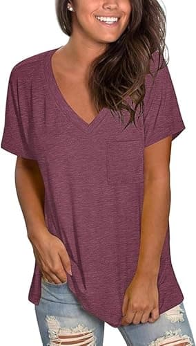 Image of Summer Tops for Women Short Sleeve Plain T Shirts Soft Tunic Tees Wine Red 2XL