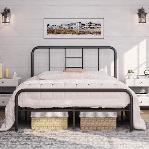 Image of Yaheetech Romantic 5ft King Metal-Framed Bed with High Headboard, Strong Metal-Framed Bed with Storage for Bedrooms, Guestrooms