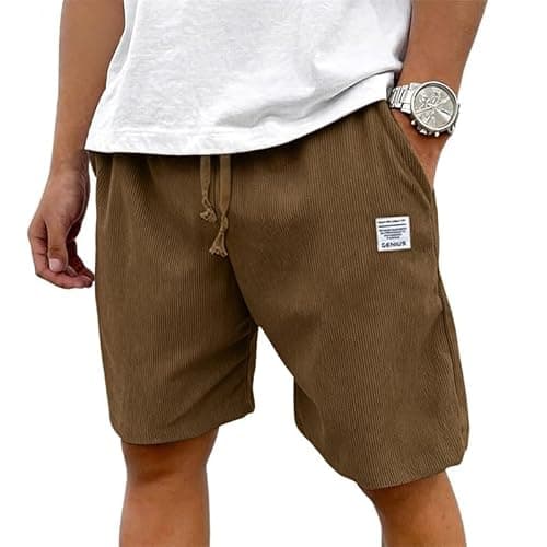 Image of Hello MrLin Mens Corduroy Shorts Summer Casual Drawstring Shorts for Men UK Fashion Elastic Waist Baggy Mens Shorts with Pockets Brown