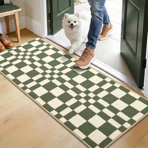 Image of Biscpro Checkered Grid Checkerboard Dirt Trapper Indoor Doormat,80x120cm Welcome Door mat,Non Slip Door Mats Indoor,Washable and Absorbent Low-Profile Entryway Rug for Hallways,Kitchen,Laundry(Green)