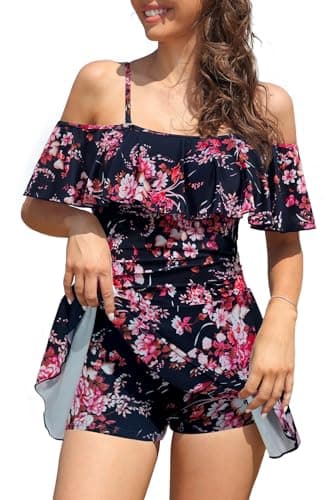 Image of SHEKINI Womens Skirted One Piece Swimsuit Off-Shoulder Swimwear with Shorts Ruffled Flounce Swimming Costume Bathing Suits