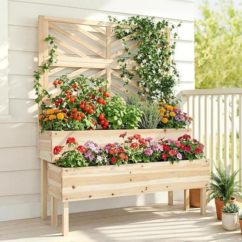 Image of Yaheetech 2-Tier Solid Fir Wood Raised Garden Bed with Trellis for Climbing Plants, Self-Draining Planter with Drainage Holes for Garden, Porch, Balcony, Lawn, Patio Wood