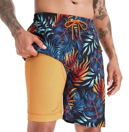 Image of APTRO Swimming Shorts Men Swim Trunks with Compression Liner 2 in 1 Quick Dry Beach Summer 9'' Board Shorts with Zipper Pockets Yellow Leaf MK281 L