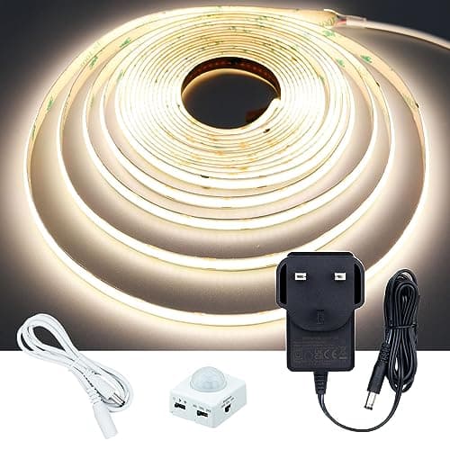 Image of GOMING Motion Sensor COB LED Strip 16.4ft(5M) Natural White 4000K CRI 93+ 3 Lighting Modes 3 Timing Off Modes 3 Brightness Modes with Power Adapter for Kitchen Cabinets Stair Showcase Bedroom Bed