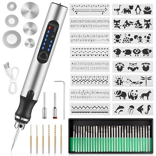 Image of Electric Engraving Pen Tool can be Engraved on Metal, Glass, Ceramic, Wood, Engraving Pen Tool Kit with 16 templates Suitable for DIY Creation, Crafts, Personalized Accessories and Gifts (White)