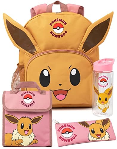 Image of Pokémon Eevee Brown Pink 4-Piece Backpack Set | Kids Rucksack with Lunch Bag, Pencil Case & Water Bottle | School Accessories Bundle | Back to School Essentials | Pokémon Merch