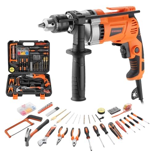 Image of DEWINNER Hammer Drill 910W 0-3000RPM, Electric Corded Hammer Drill with 115 PCS Complete Tool Box, Variable Speed, 13mm Chuck, 2 in 1 Function, for Concrete, Iron Plate, Masonry and Wood,Carring Case