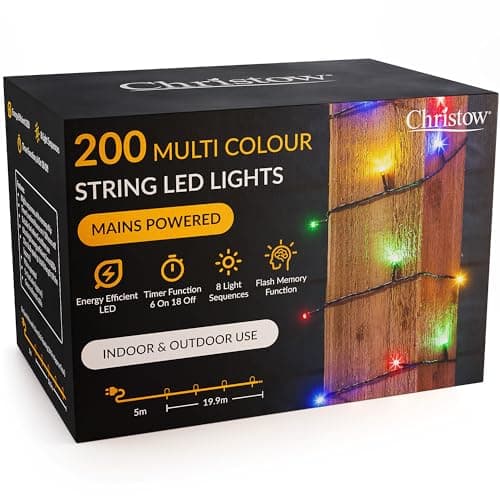 Image of CHRISTOW Christmas Fairy Lights, Multi-Coloured LED String Lighting with Timer, Indoor & Outdoor, Tree Lights, Mains Operated, 8 Light Modes Flashing & Static, Green Cable (200 LED / 20m Lit Length)
