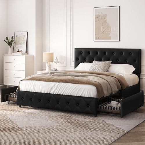 Image of Yaheetech 5ft King Bed Frame Upholstered Platform Bed with Adjustable Diamond Button-Tufted Headboard and 2 Drawers Storage/Sturdy Wood Slat Support/No Box Spring Needed,Black King Bed