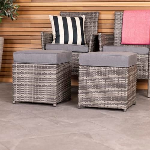 Image of CHARLES BENTLEY Garden, Patio, Outdoor, Pair of Rattan Footstools, Grey, Weather Resistant, Removable Cushion, Balcony Furniture Set, Grey Cushions, 2 Footstools, 2 Cushions, Waterproof (45x45x37cm)