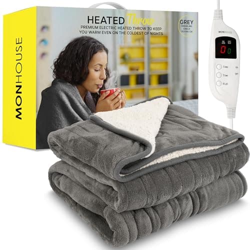 Image of MONHOUSE 130X160 cm Soft Electric Sofa Blanket - Fleece Single Heated Throw With Digital Controller - Machine Washable Bed Throw, Timer up to 9 hours, 9 Heat Settings, Auto Shutoff - GREY Sherpa