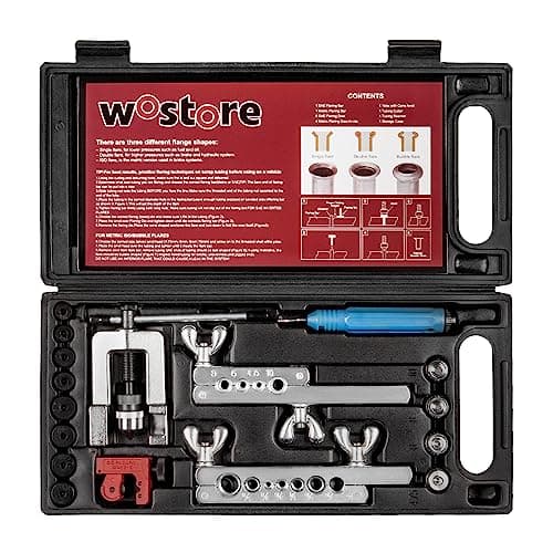 Image of Wostore Professional Brake Line Flare Kit for Single, Double (SAE) Flares & Bubble (ISO) Flares with Tubing Cutter Pipe Reamer for 3/16-5/8" 7 Sizes