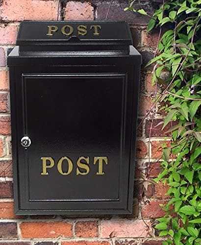 Image of Vintage Decor by DWD® Weatherproof Post Box Plain Design Personalisable-Lockable Heavy Duty Secure Wall Mounted Letter Mail Post Box Post for Walls/Gates/Garages.Charming, (Black with Gold Post Sign)