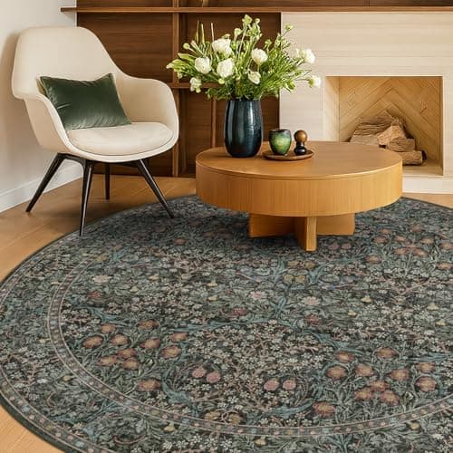 Image of Washable 7ft Big Rugs for Living Room, Soft Round Area Rugs for Bedroom Under Bed, Dark Green Non Slip Large Carpet for Dining Room, Boho Floral Décor