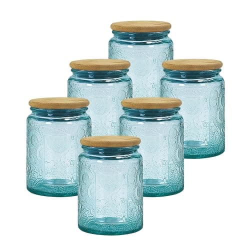 Image of LINGSHINE 8 oz Decorative Glass Jars with Airtight Bamboo Lids (Blue 6pc)