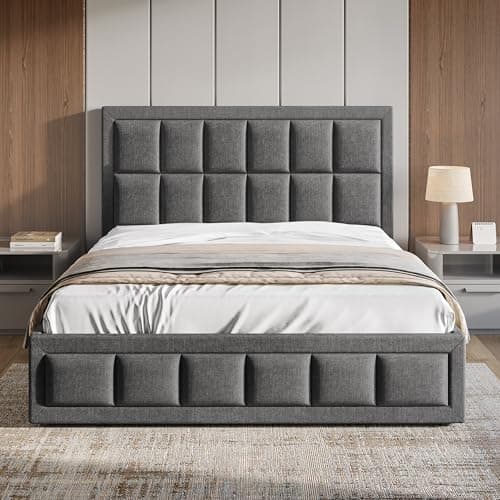 Image of Blisswood Double Bed, 4ft6 Upholstered Ottoman Bed, UKFR Linen Fabric Ottoman Storage Bed With Gas Lift End Opening Wooden Slats With Storage Bed (4ft6 Double, 145 x 204 cm)