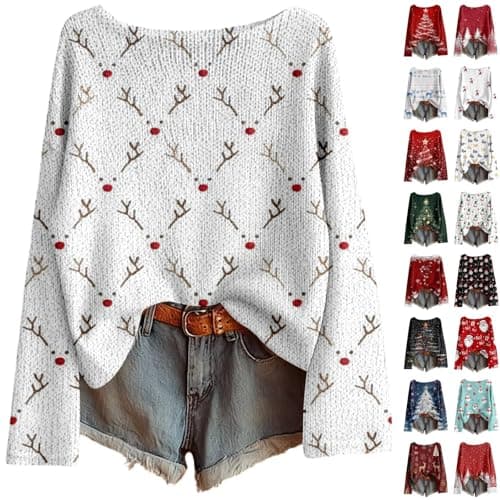 Image of Black White Pink Womens Christmas Tree Sweatshirts UK Long Sleeve Novelty Funny Print Jumper Oversized Crewneck Xmas Holiday Casual Shirts Fashion Pullover Tops Fall Winter 2xl 4xl Size 22 20 18 16 14