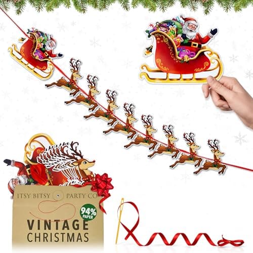 Image of Premium Reusable Christmas Bunting - Santa and Reindeer Christmas Banner, Hanging Xmas Decorations for Indoors, Paper Xmas Wall, Banister, Fireplace, or Window Decor by Itsy Bitsy Party Co