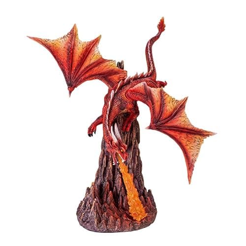 Image of Pacific Giftware Fury Fire Dragon Figurine Red Dragon Sculpture Breathing Fire Over Volcanic Rock Base Dragon Dungeon Decor and Home Display 13 Inches Tall