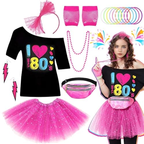 Image of Glirop Ladies 80s Fancy Dress Costume, 1980s Costume Outfits Accessories Set with T-Shirt Tutu Skirt Bag Gloves Headband Earrings Necklace Bracelets for Women Girls Retro Theme Hen Party