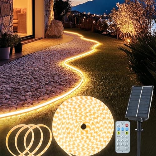 Image of echosari Solar LED Strip Lights Outdoor, 10M 640 LED Lights Strip with Remote & 8 Modes Solar Garden Lights Outdoor Waterproof for Porch Gazebo Yard Trees Garden Decor(Warm White)