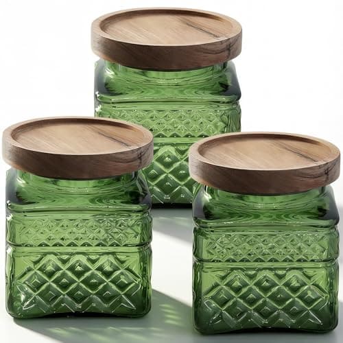 Image of Tel Charme * 3-Pack 600ml Glass Jars with Bamboo Lids, Airtight Vintage Glass Storage Canisters for Kitchen Pantry Coffee Sugar Tea Flour Snacks(Green-2)