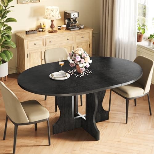 Image of Mondeer Extendable Round Dining Table, 110-150cm Kitchen Oval Dining Table for 4-8 with Heavy Duty Wood Base and Hidden Extension Storage Space Saving, for Kitchen Living Room (Black)