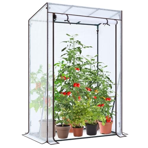 Image of Ohuhu Walk In Greenhouse for Outdoors, Portable Heavy-Duty Tomato Greenhouse with Stable Frame, Reinforced PE Cover & Roll-Up Door, Plastic Green House for Backyard Garden, White 100x50x152 cm