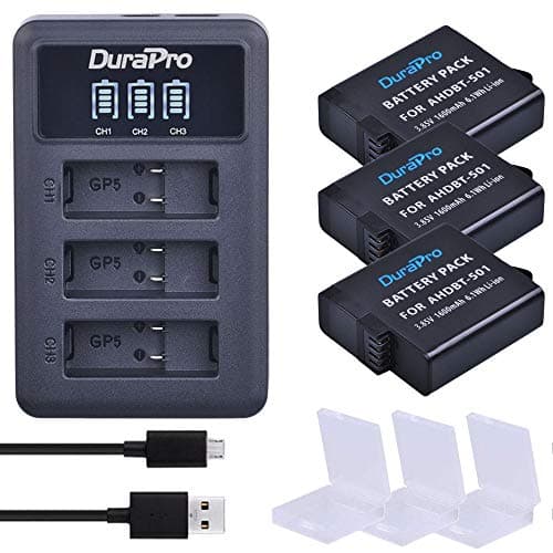 Image of DuraPro 3Pcs Battery for GoPro Hero 7 Hero 6 Hero 5 Batteries + Rapid LED 3-Slots USB Charger with Type C Port for Gopro Accessories (Compatible with GoPro Hero5 All Firmwares v02.00, v02.01)