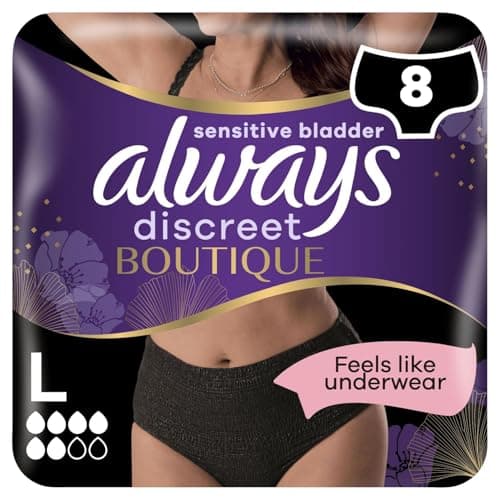 Image of Always Discreet Boutique Incontinence Pants Women, Large, UK Dress Size 16-22, Black, Absorbency 6, 8 Underwear / Knickers, Heavy Bladder Leak Protection / Maternity Postpartum, Odour Neutraliser
