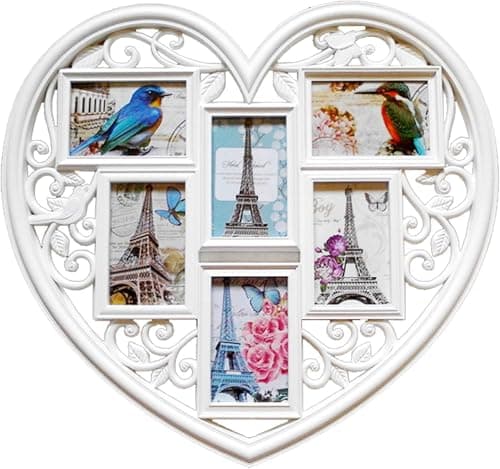 Image of M.J COMFY-LIFE Heart-Shaped Photo Frame for Wall - Holds 6 Pictures (6x4 Inches), White 3D Multi-Photo Collage Frame - Perfect for Wedding, Anniversary, Valentine's Gift, Home Decor (58x54cm)