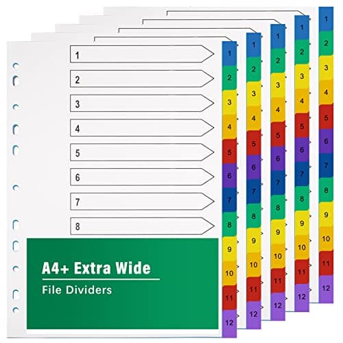 Image of A4 File Dividers 12 Part Extra Wide Coloured Tabs【5 Pack】Folder Dividers Coloured Mylar for Lever Arch Files Multipurpose Porous Index Dividers