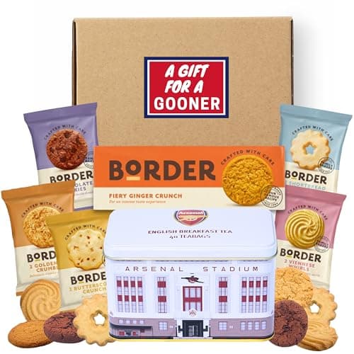Image of Football Fan Gifts For Arsenal Fans Hamper Bundle With Arsenal Gifts Merchandise Highbury Stadium Officially Licensed Tea Tin, Border Biscuits Ginger and x5 Borders Biscuits Mini Packs