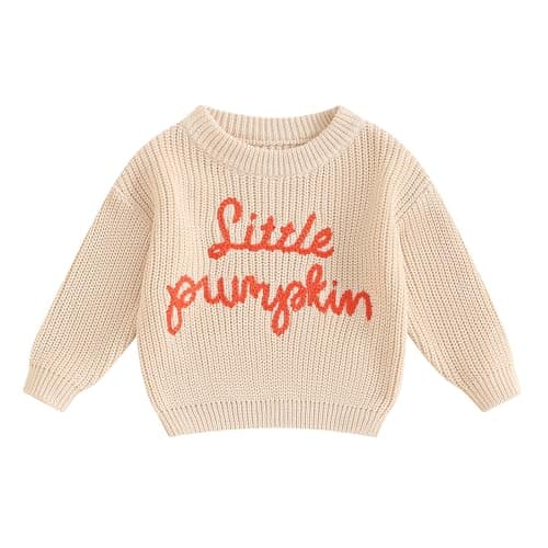 Image of Geagodelia Baby Halloween Knitted Jumper Kids Toddler Boys Girls Pumpkin Letter Embroidered Oversized Knit Sweater Pullover Winter Knitwear Newborn My First Halloween Outfit (Beige, 0-3 Months)
