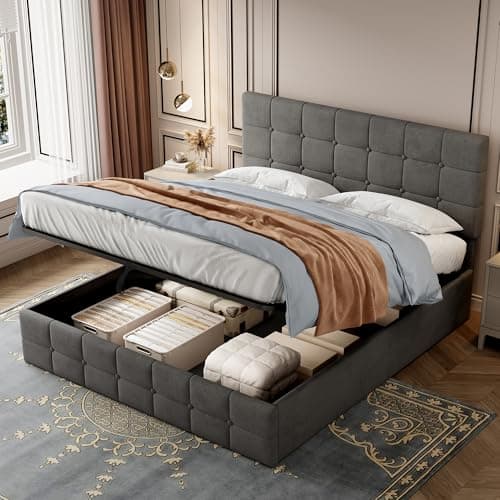 Image of Merax Double bed frame with Storage, 4ft6 Double Upholstered Bed, Ottoman Lift Storage Bed Frame with Gas List End Opening Wooden Slats, Velvet Fabric (No Mattress), Grey+Velvet/135CM*190CM