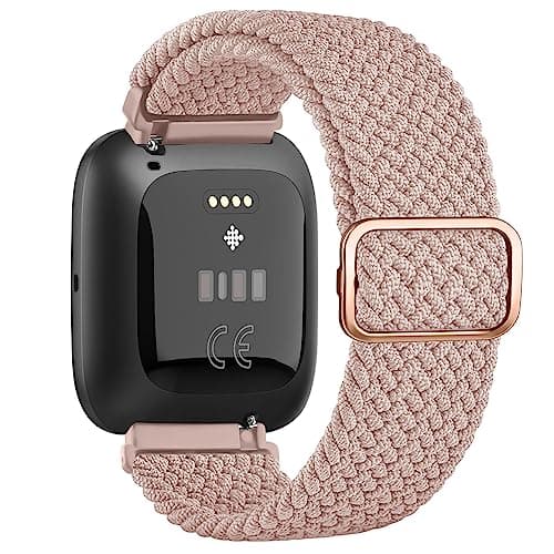 Image of Wanme Braided Stretchy Straps Compatible with Fitbit Versa 2 Straps for Women Men, Soft Stretchy Adjustable Nylon Breathable Sport Strap for Fitbit Versa 2/Versa/Versa Lite/SE Smartwatch (Rose)