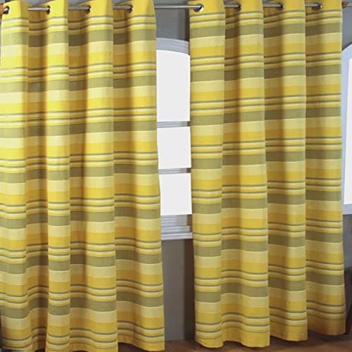Image of HOMESCAPES Yellow Eyelet Curtain Pair 167cm (66") Wide x 228cm (90") Drop Morocco Stripe Design Ring Top Curtain Pair
