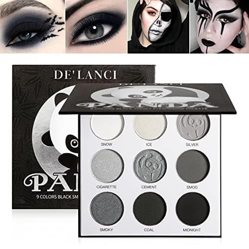 Image of DE’LANCI PANDA Black Smokey Eyeshadow Palette Makeup,9 Colors Black Silver Gray White Eyeshadow Makeup Palette,Highly Pigmented Gothic Makeup Matte Glitter Eyeshadow Palette for Girls and Women