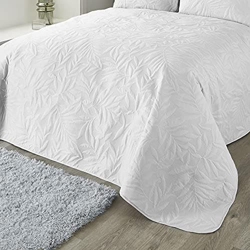 Image of Serene - White Leaf Embossed Bedspread (230cm X 200cm) - Soft Touch - Microfibre - Leaf/Leaves Embroidery Quilted Bedspreads - White Floral Blanket/Bed Cover for Bed - Luana Collection