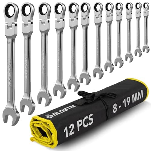 Image of BLOSTM Flexible Ratchet Spanner Set - 12 PCS Combination Spanner Set 8-19mm 180° Flex Head 72 Tooth Gear System Cr-V Steel Ratchet Wrench Set for DIY & Repairs - Includes Roll-Up Storage Pouch