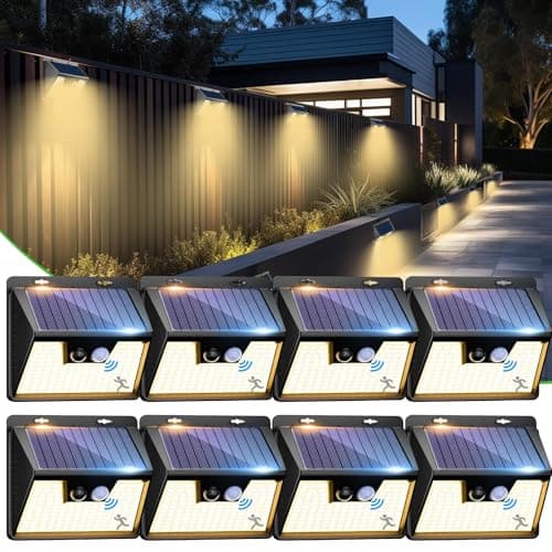 Image of nipify Solar Lights Outdoor Motion Sensor, 8 Pack 140LED 3 Modes IP65 Waterproof Durable Solar Powered Wall Lights for Outside Garden Fence Yard Garage, Warm White