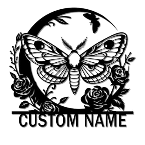 Image of Personalized Black Moth Metal Sign, Custom Gothic Wall Art Decor, Garden Plaque, Moth Name Sign, Home Room Decor, Indoor Outdoor Decor (Style-3)