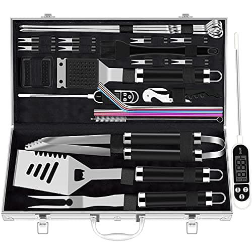 Image of ROMANTICIST 26pcs Extra Thick BBQ Grill Accessories, Father's Day Grilling Gifts Set for Men Dad, Heavy Duty Grill Tools Utensils Kit with Meat Thermometer in Aluminum Case for Birthday Black