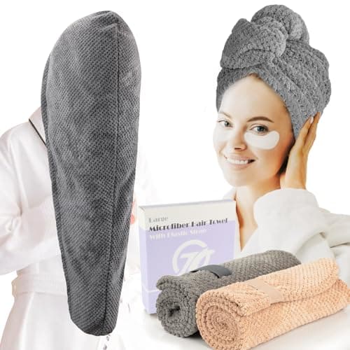 Image of FREATECH 2-Pack Large Microfibre Hair Towel Wrap 86 x 26 cm, Thicken Super Absorbent Hair Turbans for Wet Hair, Anti-frizz Hair Drying Towel with Elastic Band for Women Long Thick Curly Plopping Hair