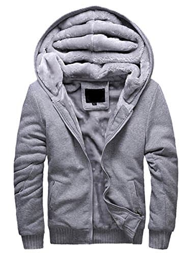 Image of WIEAYUMEI Men Jackets Fleece Hoodie Zip up Hooded Pullover Winter Warm Fur Coats Thick Sweatshirts Jumper Grey XS