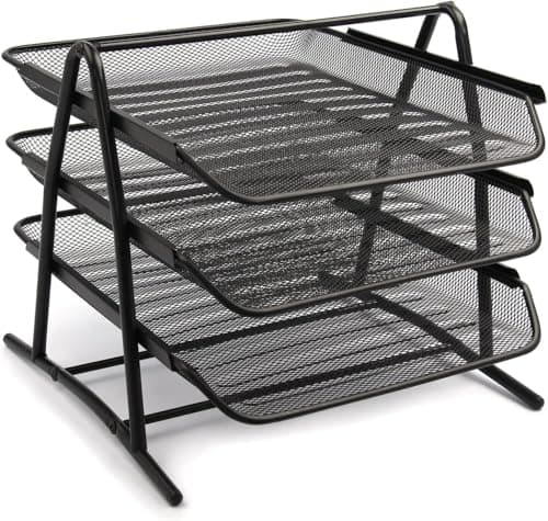 Image of BREEZENEST Mesh Desk Organiser Letter Tray, Metal Office Filing Tray Holder for A4 Documents, Paper Storage Desk Accessory, File Organiser for Office Home School (3 Tiers)