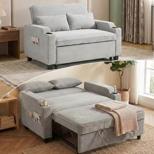 Image of Karl home 2 Seater Sofa Bed, 3-in-1 Convertible Pull Out Sleeper Sofa Couch with Adjustable Backrest, USB & Type-C Ports, Cup Holders, Side Pockets, for Living Room, Guest Room (Light Grey)